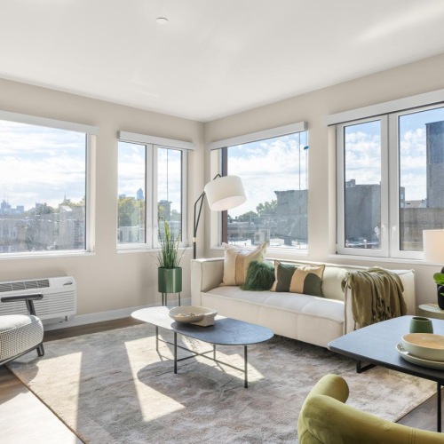 a living room with a large window