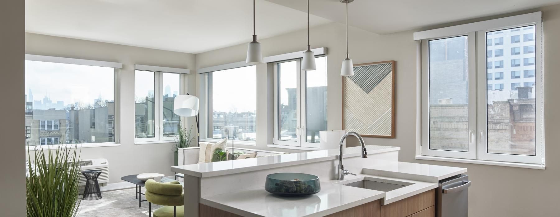 a kitchen with a large window