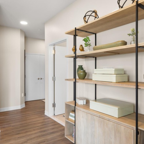 a room with shelves and objects